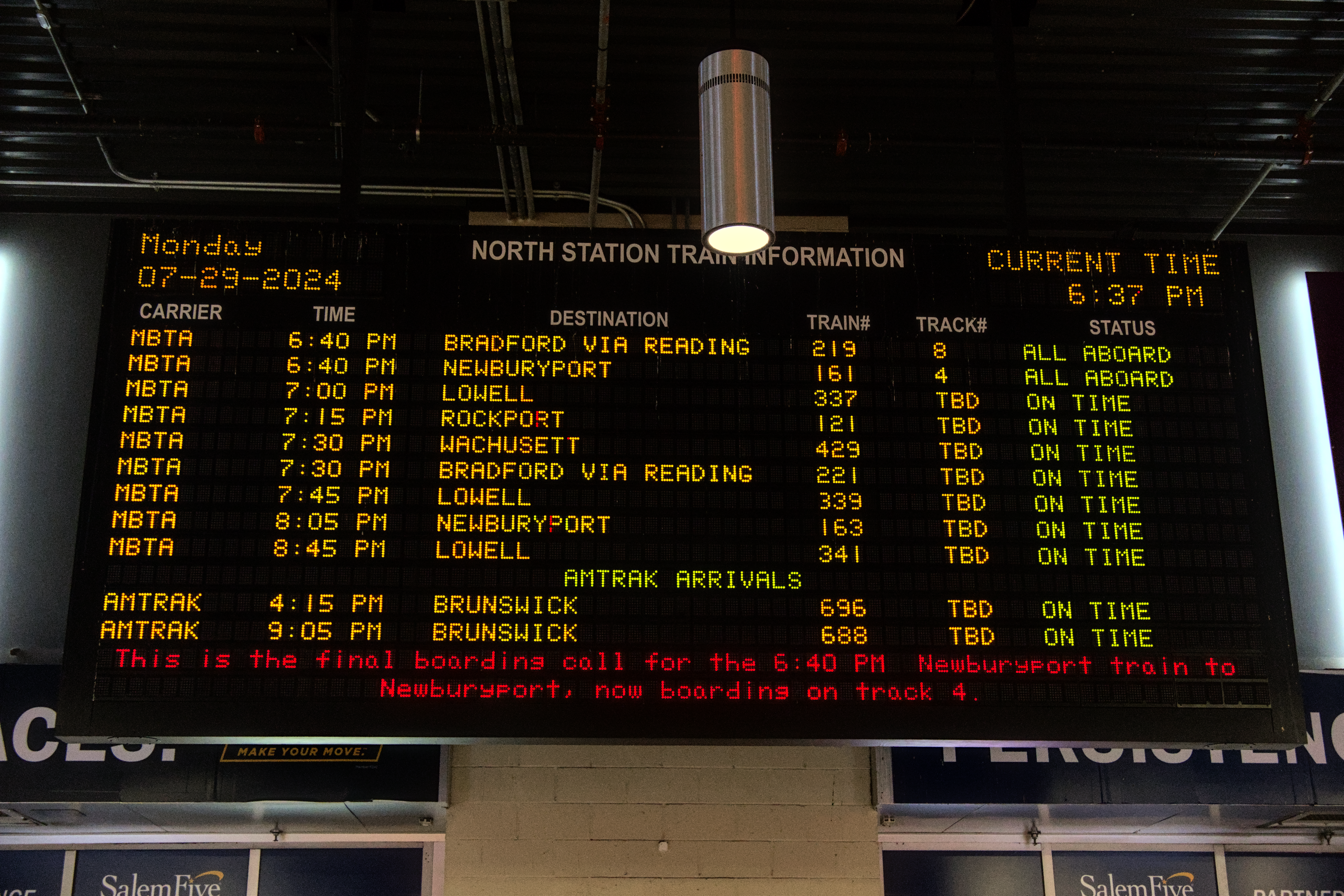 North Station Departure Board, 2024-07-29